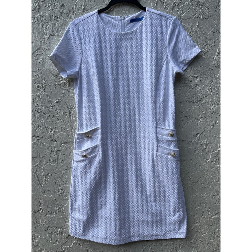 J.McLaughlin Talese Dress White Houndstooth Jacquard Gold Button Shift Women S